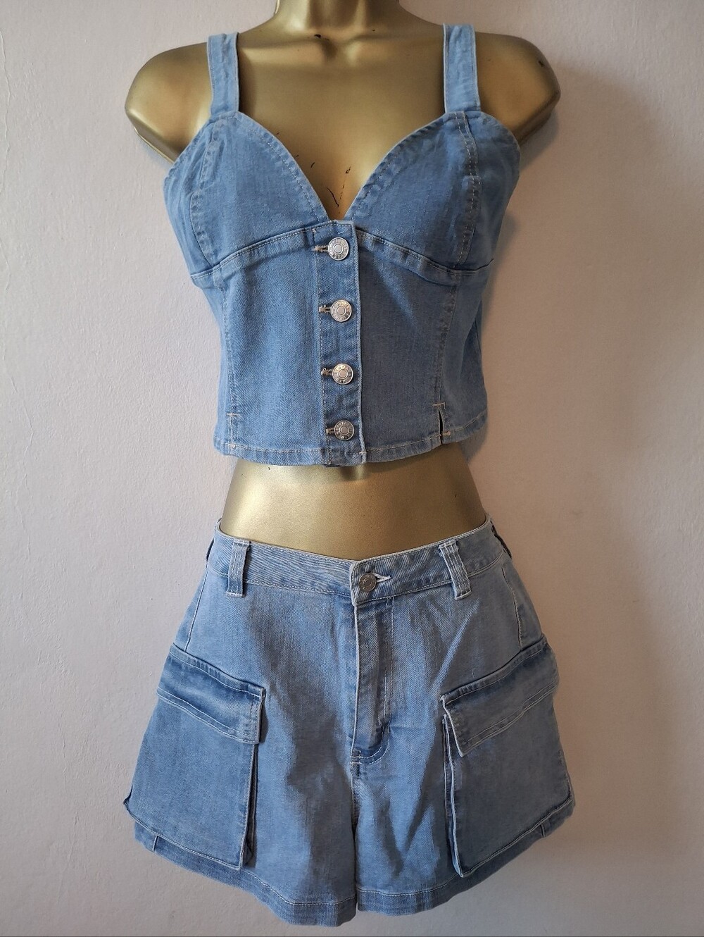 Light Blue Denim Corset Crop Top Two Piece Set - Women's Sleeveless Bustier
